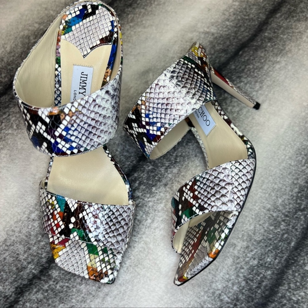 Jimmy Choo Hira 85 Multi Mix Glossy Rainbow Elaphe Snakeskin Mule Heels Sandals - Picture 2 of 8